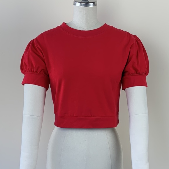 NWOT Bernie Dexter Red Crop Princess Puff Sleeve Bombshell Pinup Rockabilly Top - Picture 2 of 8